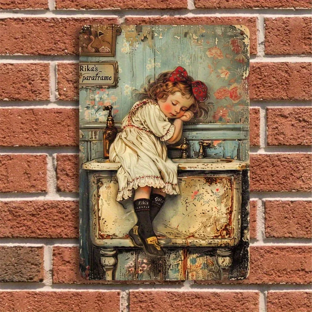 Vintage Metallschild „Mädchen am Waschbecken“ für Badezimmerdekoration