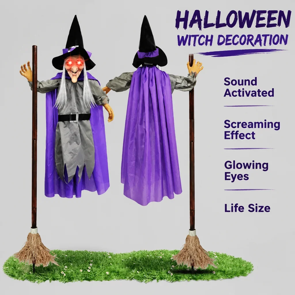 Halloween Decorations Props Life Size Witch Sound Activated Screaming Glowing Eyes for Haunted House Party Supplies