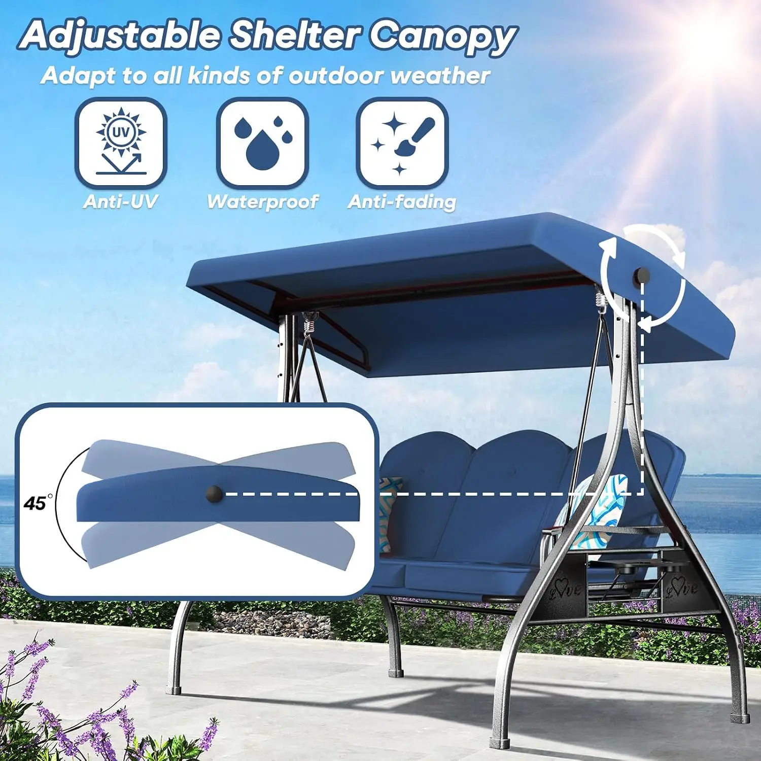 3 Seat Outdoor Porch Patio Swing With Stand 800lbs 2-in-1 Convertible Swing Bed With Adjustable Canopy & Removable, Customized