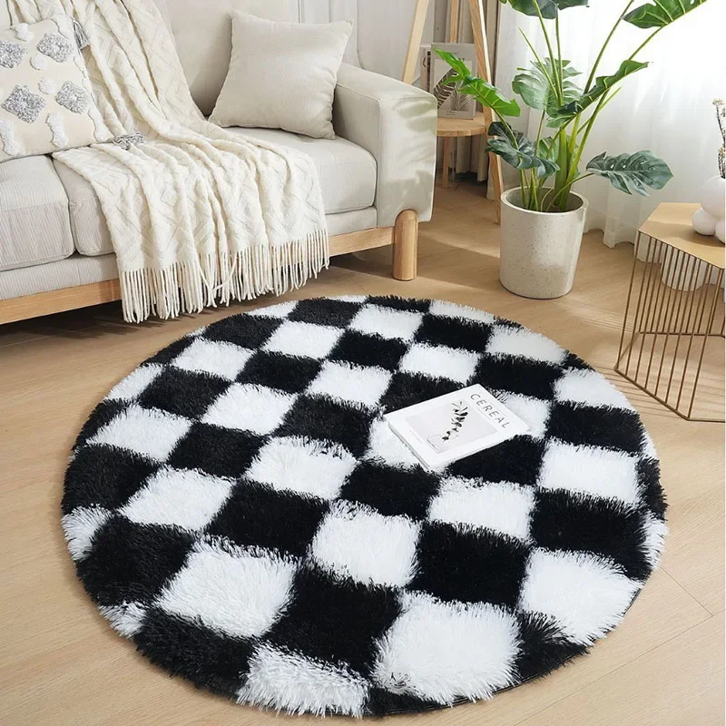 Nordic Two-Tone Checkerboard Round Carpet Long Hair Thick Super Soft Floor Mats for Living Room Non-Slip Easy-Cleaning Foot Rug