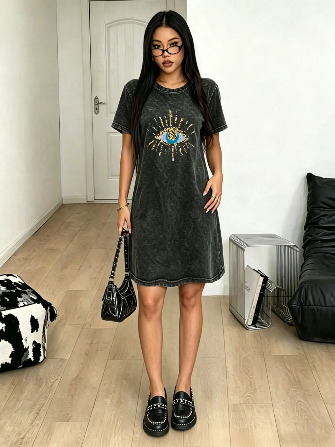 Vintage Washed T-Shirt-Kleid für Damen, Stylisches Vielseitiges Streetwear-Kleid mit Augen-Print