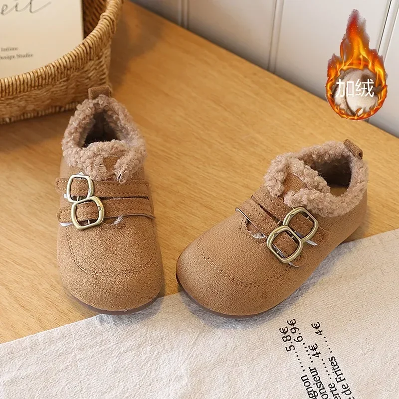 Kids Fleece Lined Winter Ankle Shoes, Suede‑Like Double Metal Buckle Hook‑and‑Loop Warm Plush Collar Casual Shoes