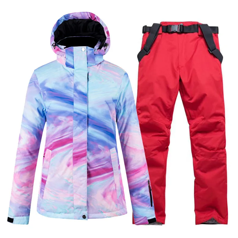 Conjunto de traje de nieve para mujer, ropa de Snowboard, impermeable, traje de invierno, chaqueta de esquí y pantalón con correa, Baberos con