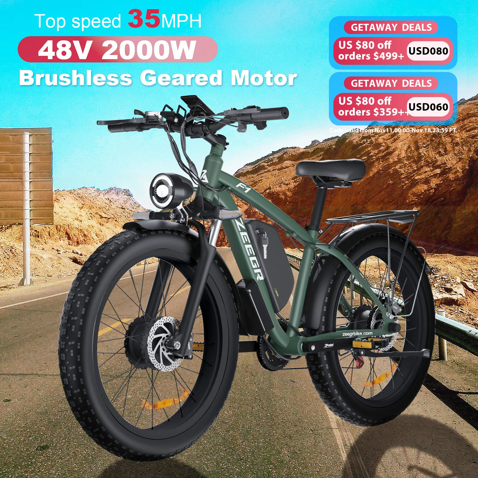 Zgeer F1 48v 2000w ebike full suspension power bicycle with ce 26 inch fat tire hidden dual battery snow beach electric  bike