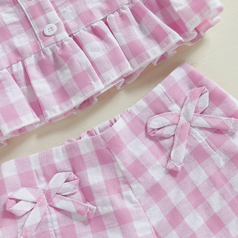 Roupas infantis de verão para meninas de 4 a 6 anos, colete curto sem mangas com babados, top e shorts, moda xadrez estampada, conjuntos de 2 peças para crianças