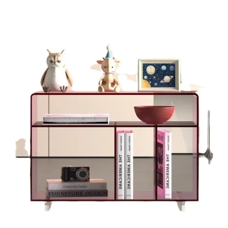 acrylic bookshelf, a few cabinets on the side of the minimalist sofa, bay window shelf