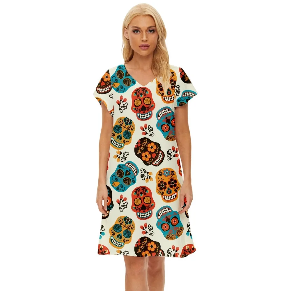 

Women Fashion Summer Loose Halloween Skeleton Printed Beach Dress A-Line Party Dress Ladies Casual Elegant V-Neck Tank Dress