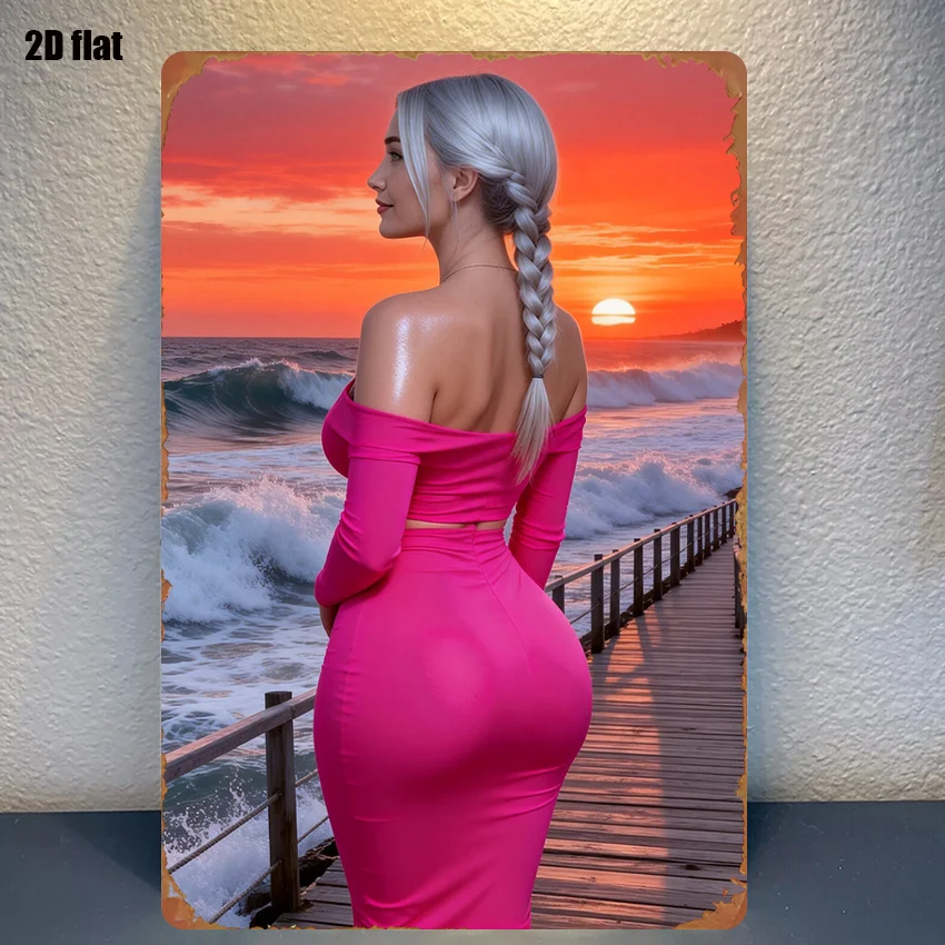 Retro-Metallschild „Sunset Beach Girl Silhouette“, 20,3 x 30,5 cm, wasserfeste Blechplatte