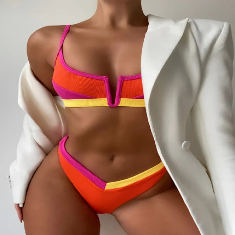New multi-color patchwork with contrasting colorsVTwo-piece swimsuit  High-Waisted Triangle Bikini Women's Swimwear