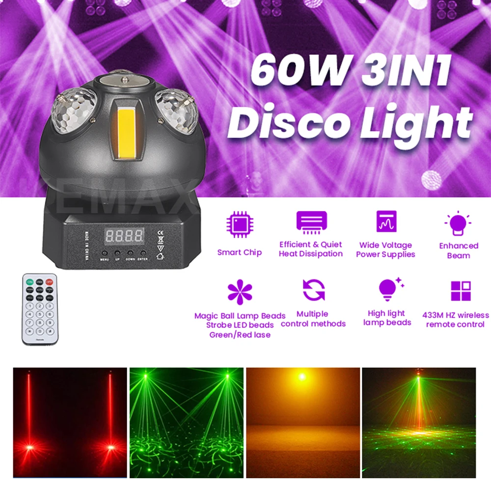 60W 3IN1 Lampu Pesta DJ Warna-warni Efek Bola Disko DMX512 Lampu Sorot Kecapi Lampu Panggung Kepala Bergerak Jarak Jauh untuk Bar Ulang Tahun Klub Malam