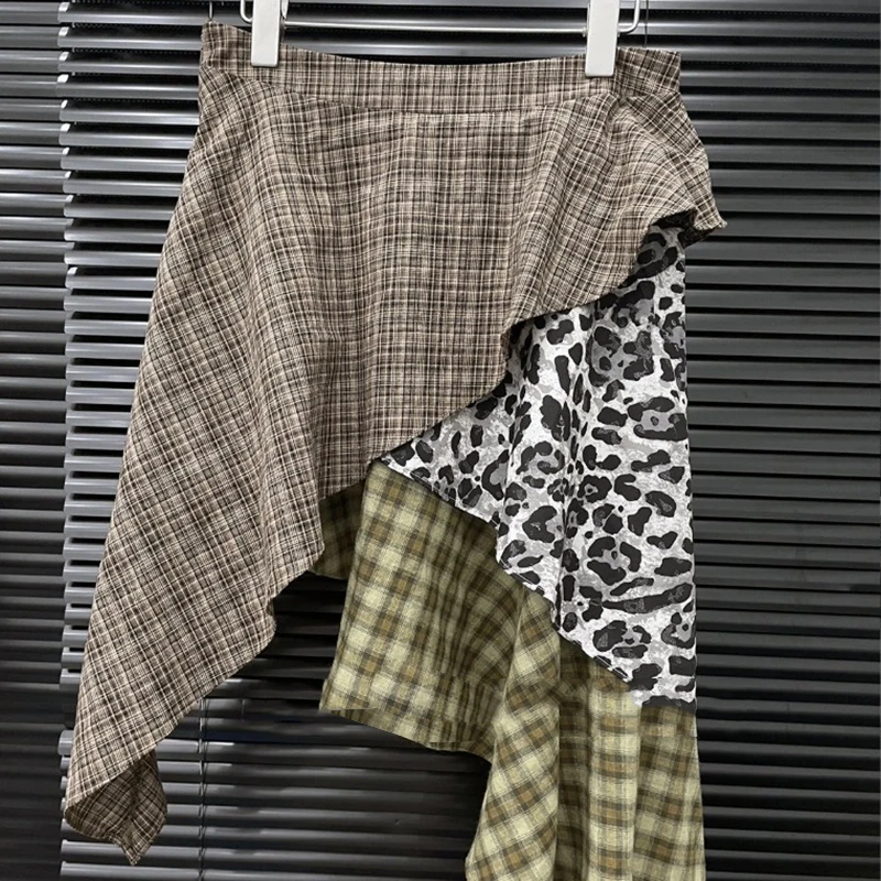 KBQ Hit Color Irregular Hem Skirts for Women High Waist Temperament Small Niche Design American Fashion Plaid Short Skirt Female