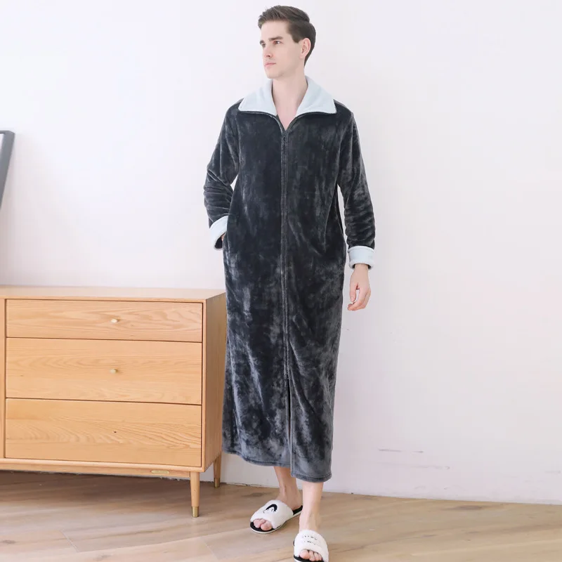 

Autumn and winter pajamas men's large size loose one-piece zipper nightgown women's thickened couple nightgown