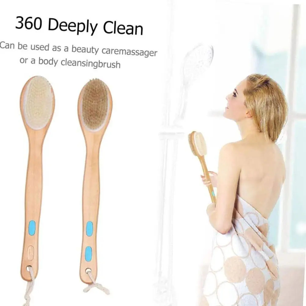 Escova de chuveiro de bambu com cerdas macias e rígidas, alça longa dupla face para banho, purificador traseiro, esfoliante corporal, escova úmida ou seca