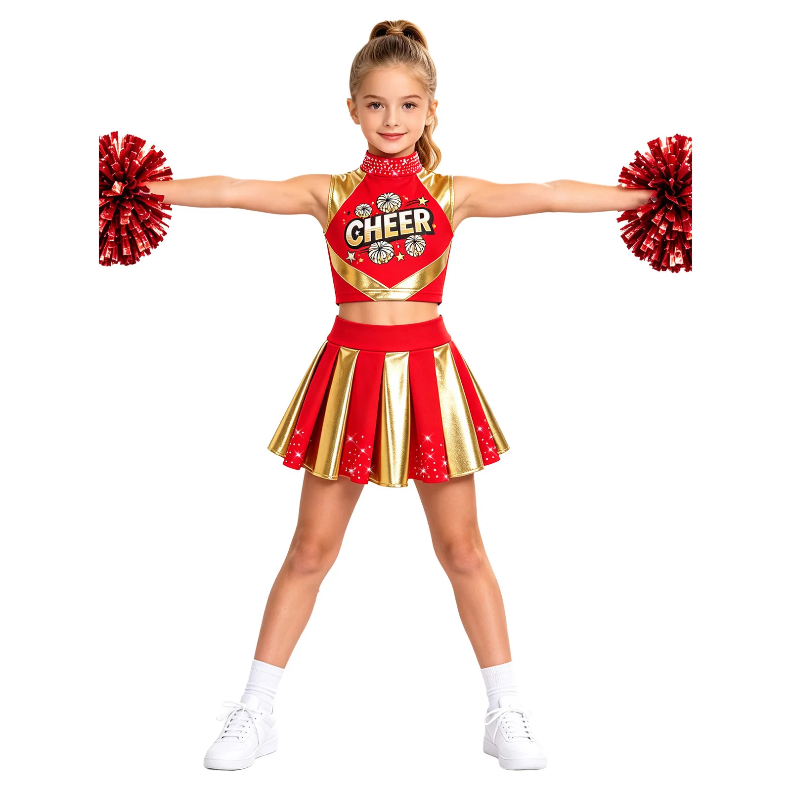 Cheerleader-Kostüm für Mädchen, Cheerleading-Uniform, 2-teiliges Set, ärmelloses Top mit Strasssteinen und „CHEER“-Aufdruck, kurzes Oberteil, plissierter Rock, Tanzoutfit. – Detail 13