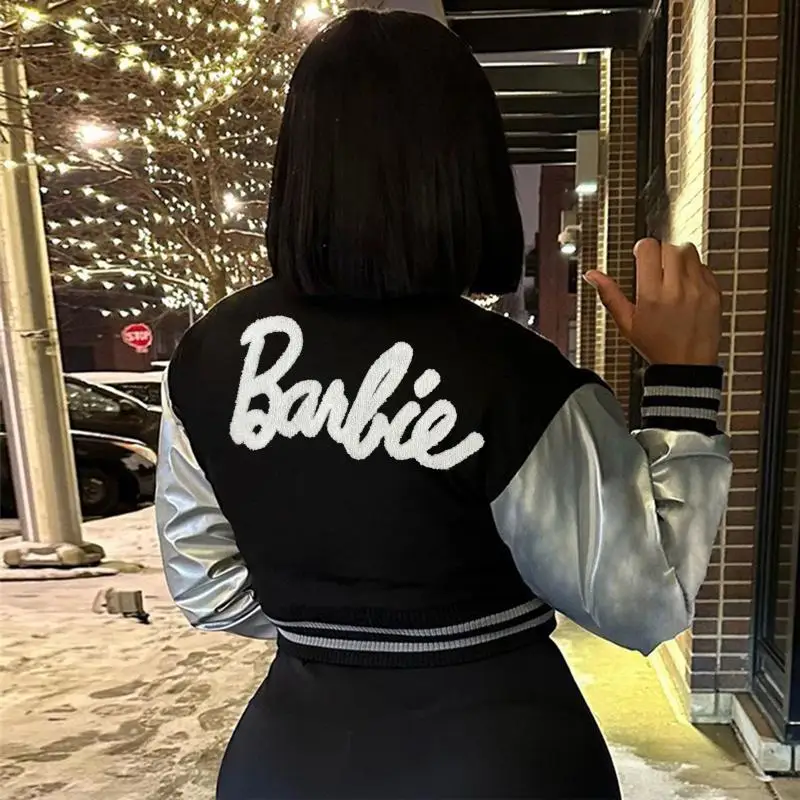 Fashion Barbie Girls Baseball Jacket Kawaii Y2K Autumn Winter Casual Embroidered Stitching Slim Short Streetwear Uniform Coat