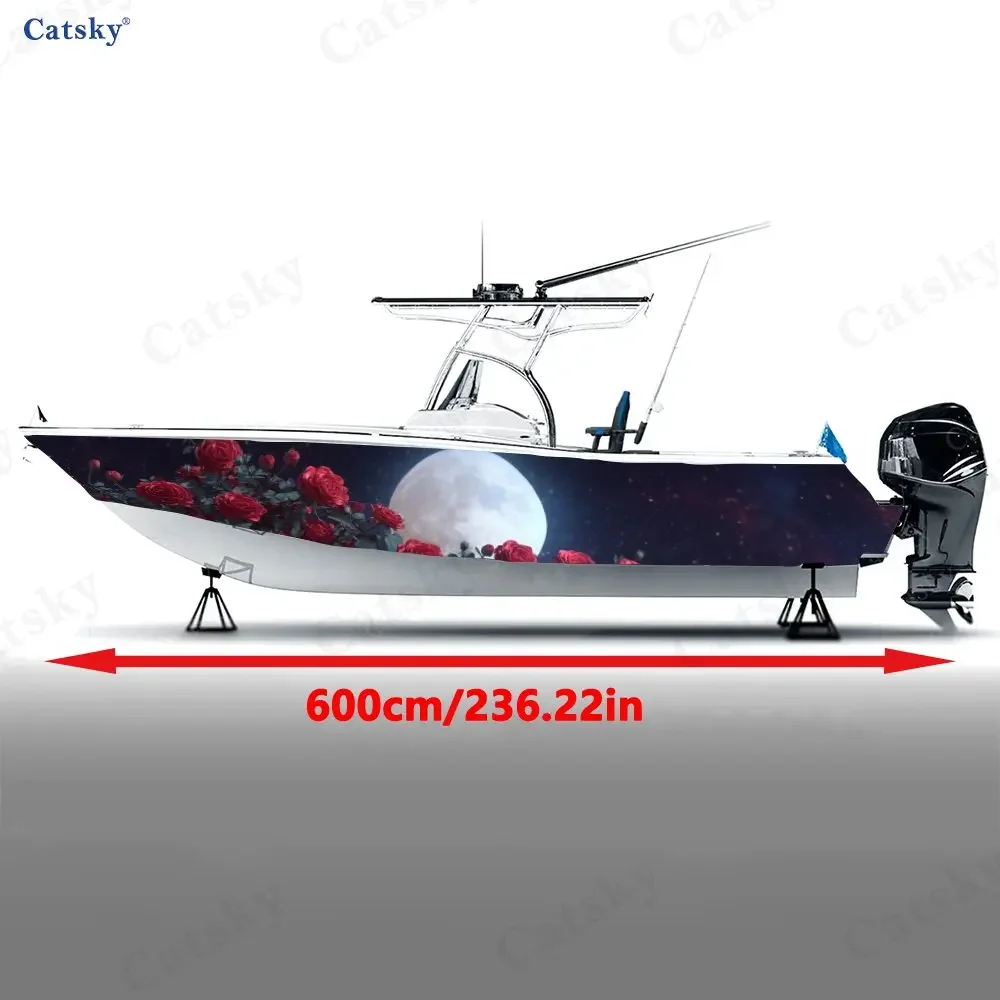 2Pcs Night Rose & Moonlight Boat Stickers, PVC Waterproof Durable Vinyl Wrap Decals for Fishing Boat, Durable and Stylish Design