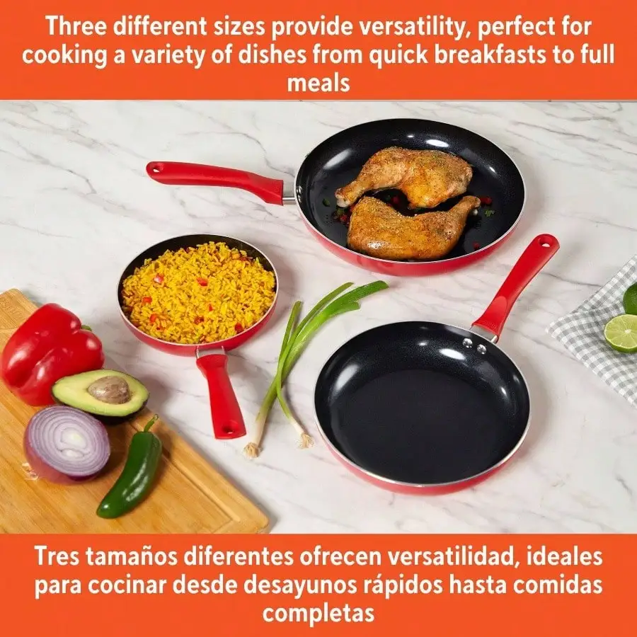 طقم أواني طهي سيراميك غير لاصقة مكون من 3 قطع 7 بوصات/9 بوصة/11 بوصة، مع مقابض تبقى رائعة، ألومنيوم، أحمر