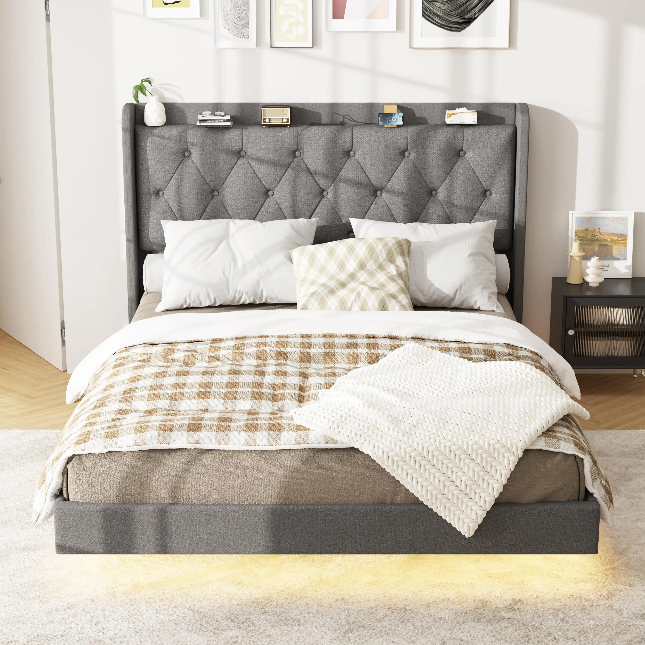 Vabches Drijvend Queen Bed Frame met Opslag Headboard Linnen Gestoffeerd Platform Bed Frame met LED Light & Power Outlet