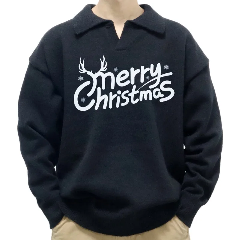 Men's Christmas Hot Paint Casual Knitwear Autumn and Winter Lapel Pullover Sweater Men's and Women's Lovers