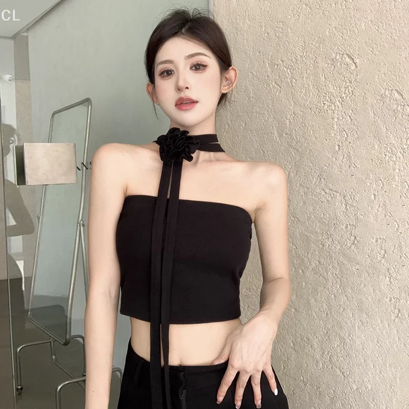 ผู้หญิงเซ็กซี่ Halter คอ Crop Tube Top ฤดูร้อนสีทึบปิดไหล่ Camisole 3D ดอกไม้ Backless Slim Tank Tops