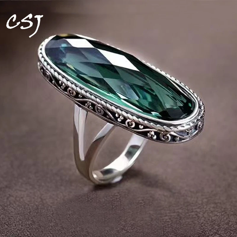 

CSJ Big Green Quartz Ring 925 Sterling Silver Gemstone Oval 10*30mm Handmade Crystal Jewelry for Women Party Birthday Gift