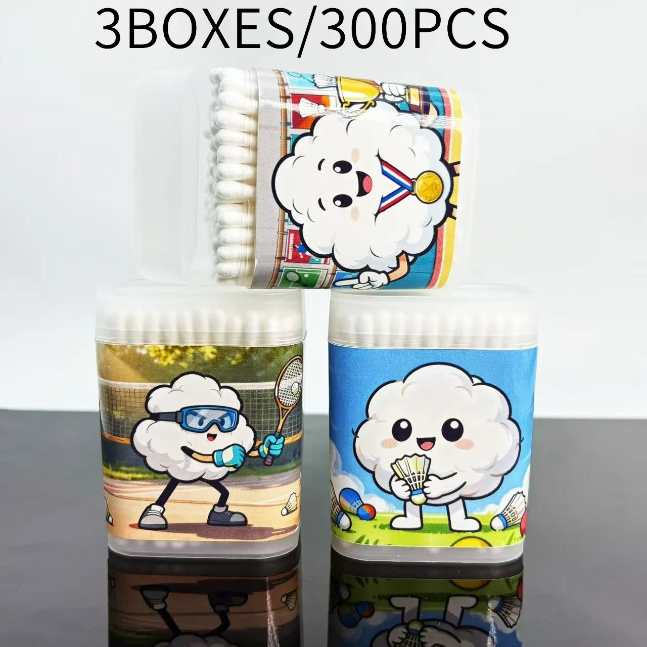 300 Uds hisopos de algodón blancos de doble punta con temática de bádminton, cuchara redonda creativa elemento deportivo de bádminton bastoncillos de hisopo de algodón