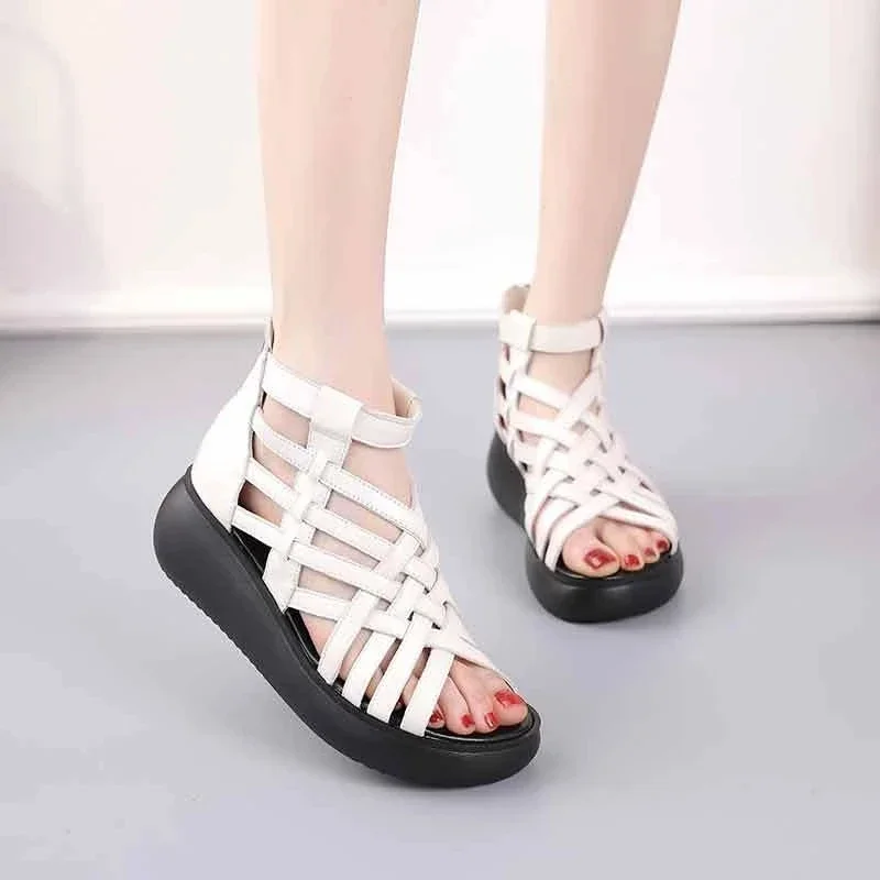 BEYARNE Genuine Leather Summer Shoes Wedges Sandals Women Gladiator Sandals Vintage Open Toe Cross Platform Sandals Female