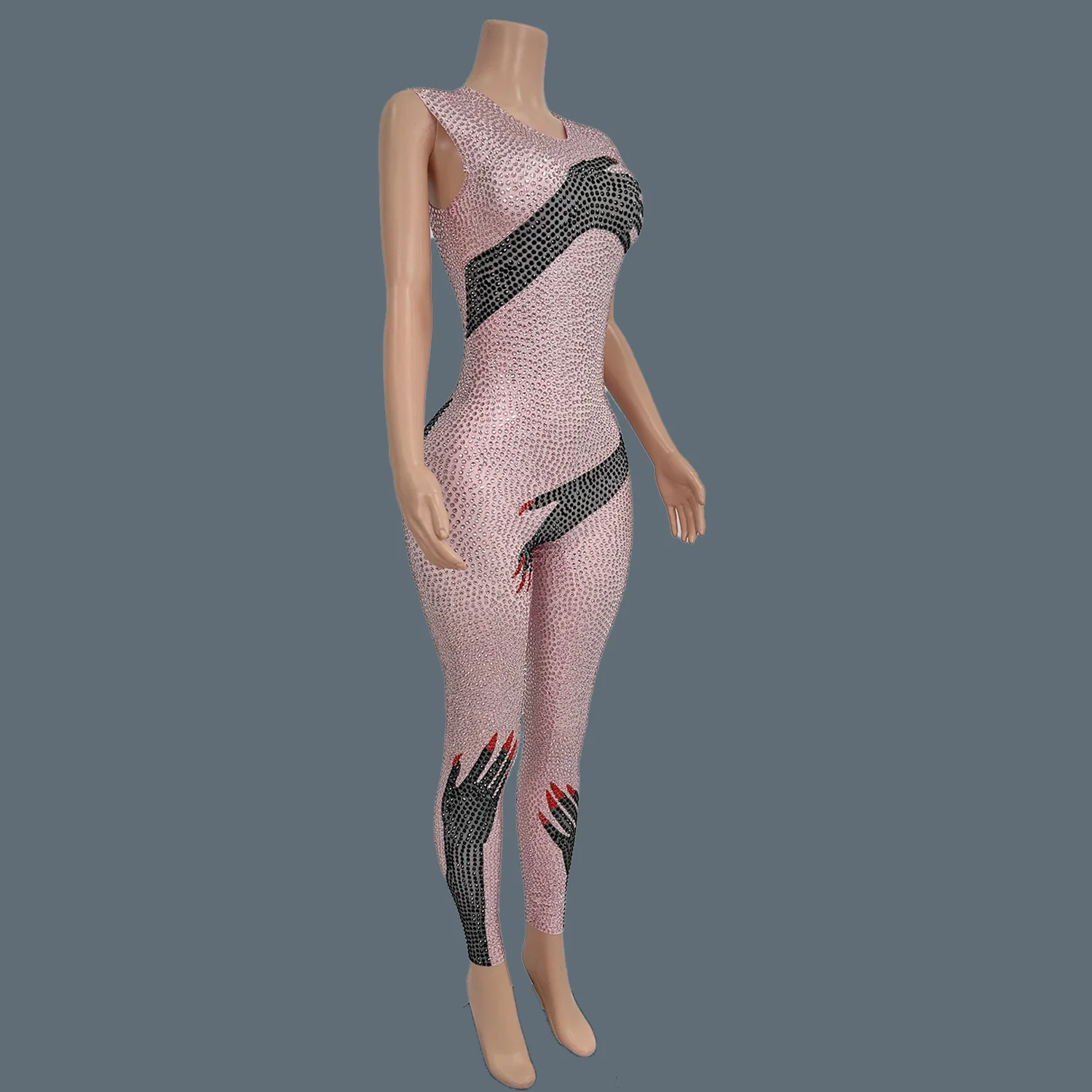 Sexy Alle Strass Nauwsluitende Jumpsuit Hot Meisjes Nachtclub Concert Celebrity Outfit Dans Podium Vest Jumpsuit Handschoenen Heishou