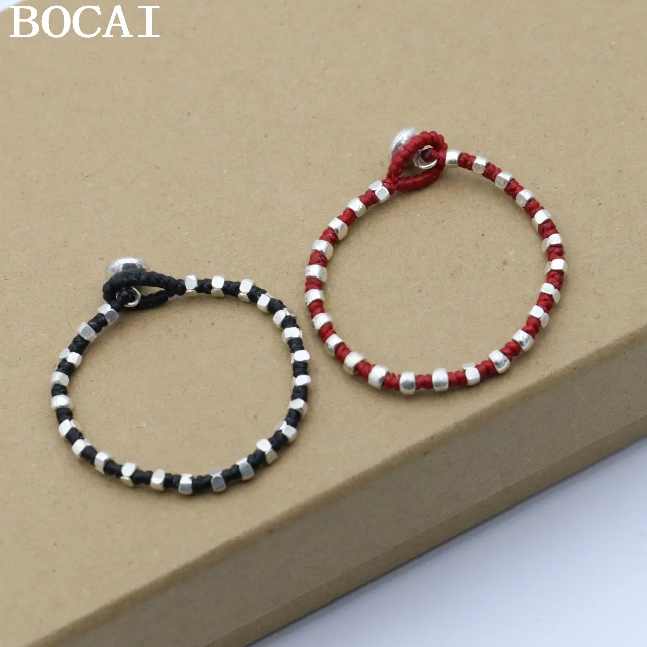 

BOCAI New S925 Silver Jewelry DIY Vintage Hand-woven Wax Rope Irregular Square Beads Woman Bracelet