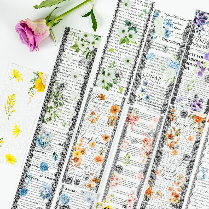 20sheets INS English Text Flowers Collage Material PET Sticker Creative Decor Junk Journal Aesthetics School stationery supplies