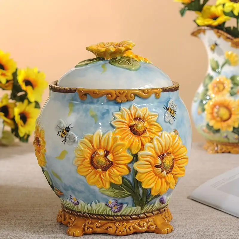 Ceramic Sunflower Sealed Jar Sunflower Storage Jar Gift Belt Lid Household