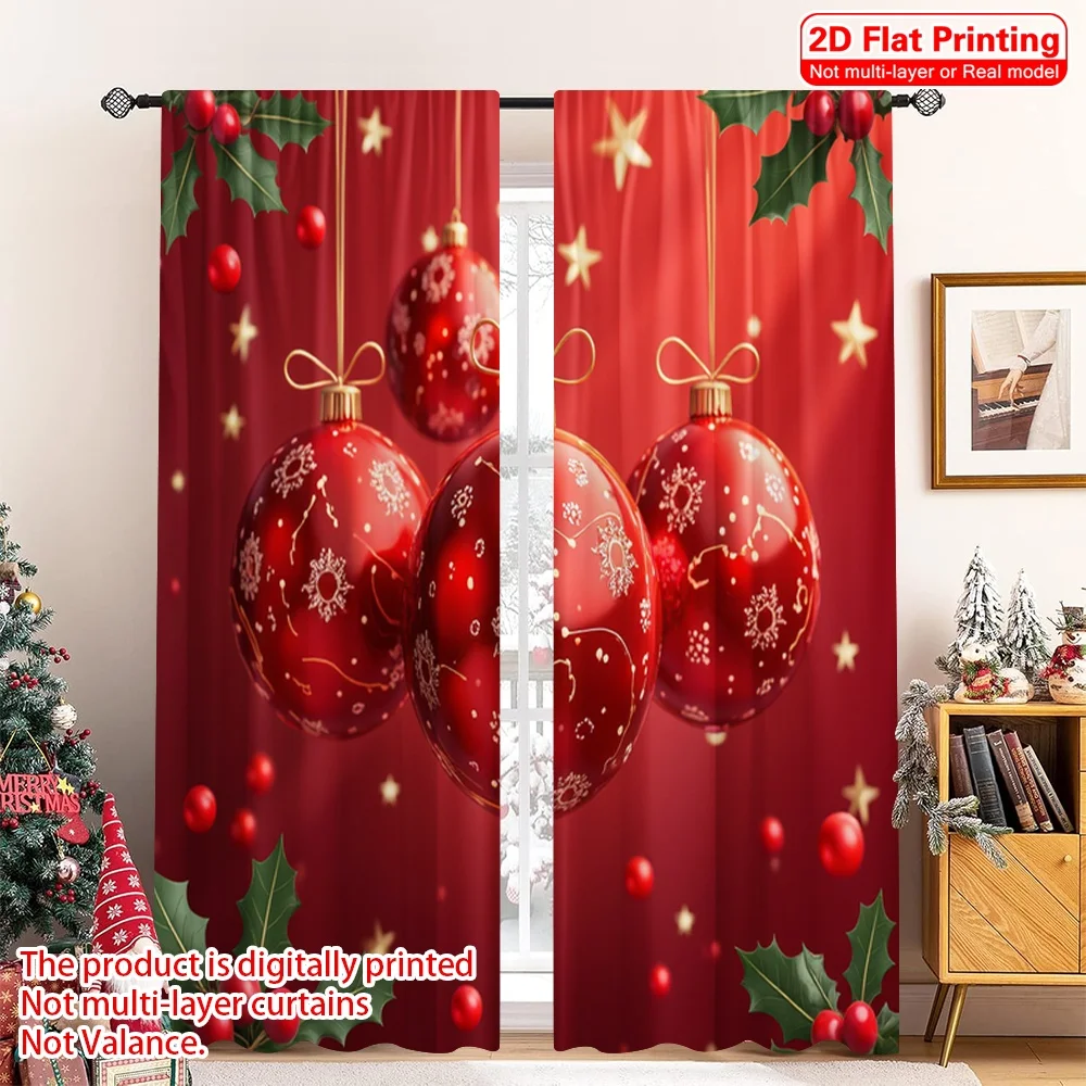 

2pcs 2D flat printing Merry Christmas Curtains Red Christmas Ornaments Glittering Holly Polyester Without Electricity Spring