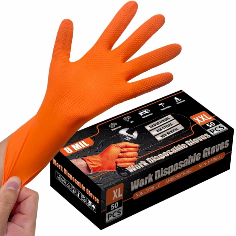 

8-миллиметровые сверхмощные оранжевые нитриловые перчатки с приподнятыми ромбовидной текстурой, одноразовые перчатки для механика, авто, промышленные защитные перчатки