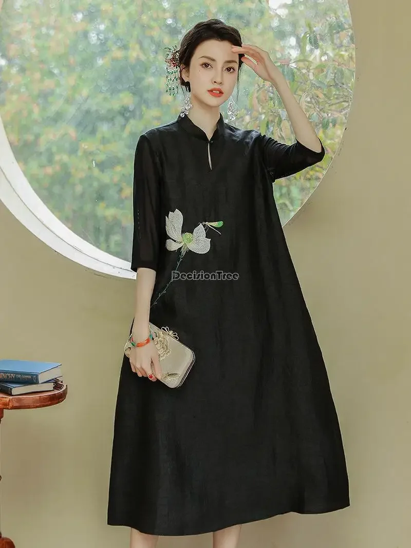 

2025 chinese national style long cheongsam dress stand collar gauze dress women's new spring and summer fashion black qipao s488