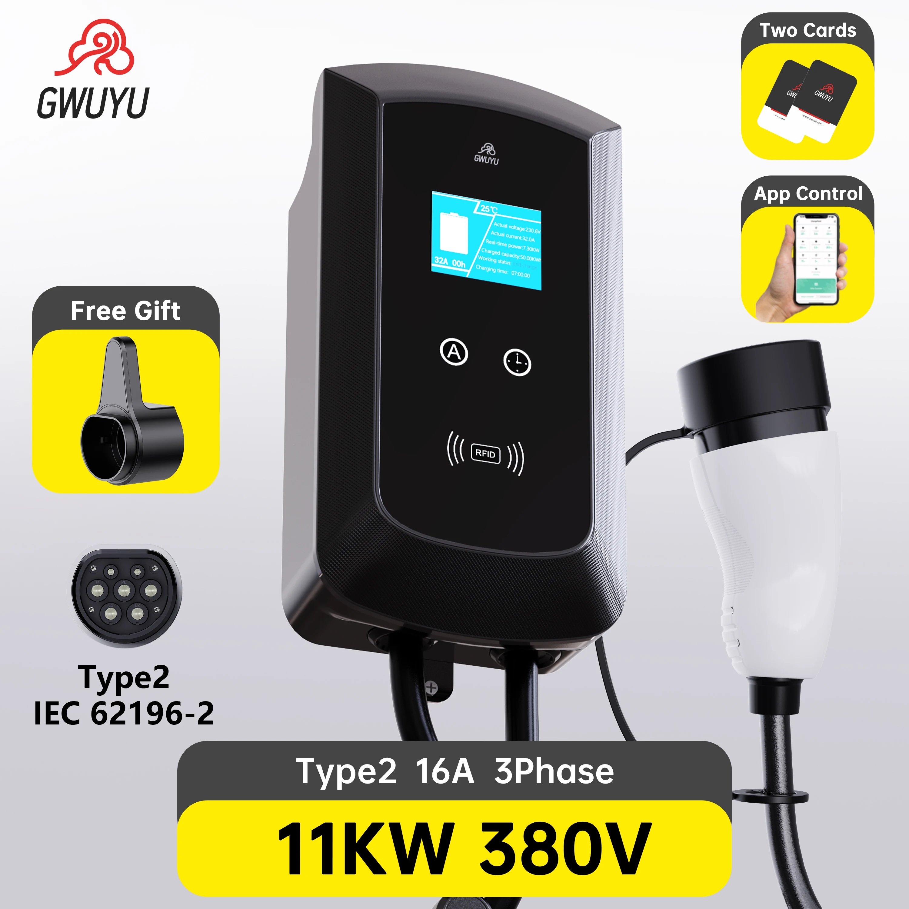 

EV Charger Station Type2 32A 7KW 1Phase 11KW 22KW 3Phase APP RFID Card Control EVSE Wallbox for Electric Vehicle Car Charging