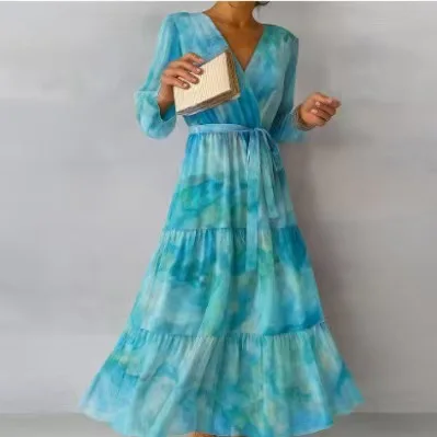 Femmes été printemps à manches longues imprimé Patchwork bohème élégant col en v plissé taille haute à lacets a-ligne jupe longue