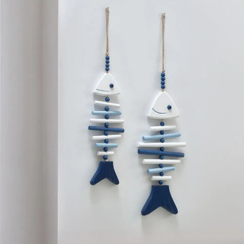 

Wooden Hanging Fish Bone Decor Handmade Fish Skeleton Wall Art with Hemp Rope And Beads for Nautical Beach House Room Ornament