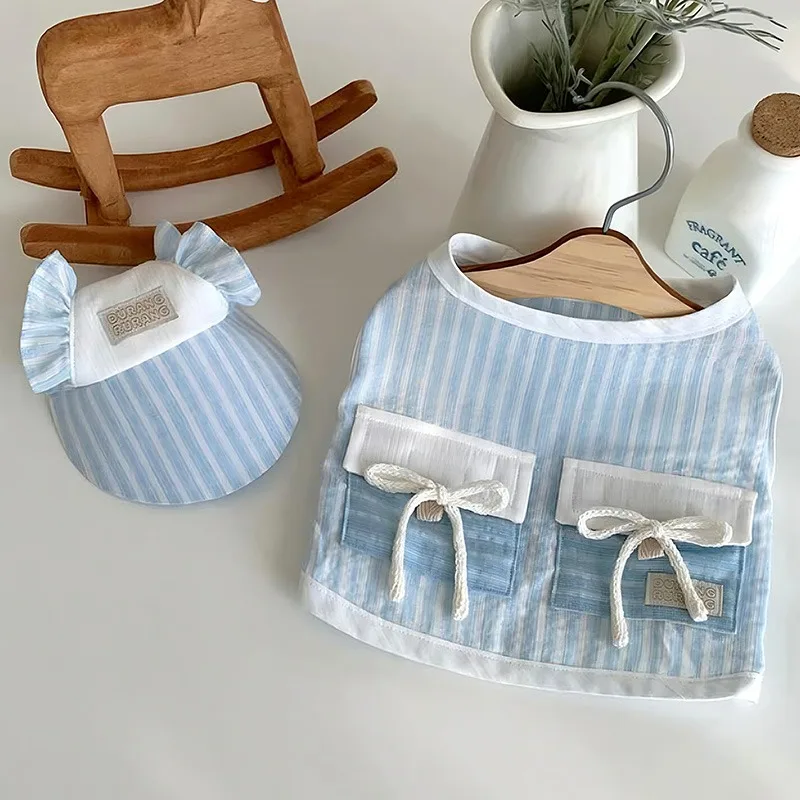 Free Hat Open Spring Puppy Weste Teddy Gestreiftes Taschen-T-Shirt Bichon Sommerkleidung Schnauzer Dünne leibende Kleidung mit zwei Beinen