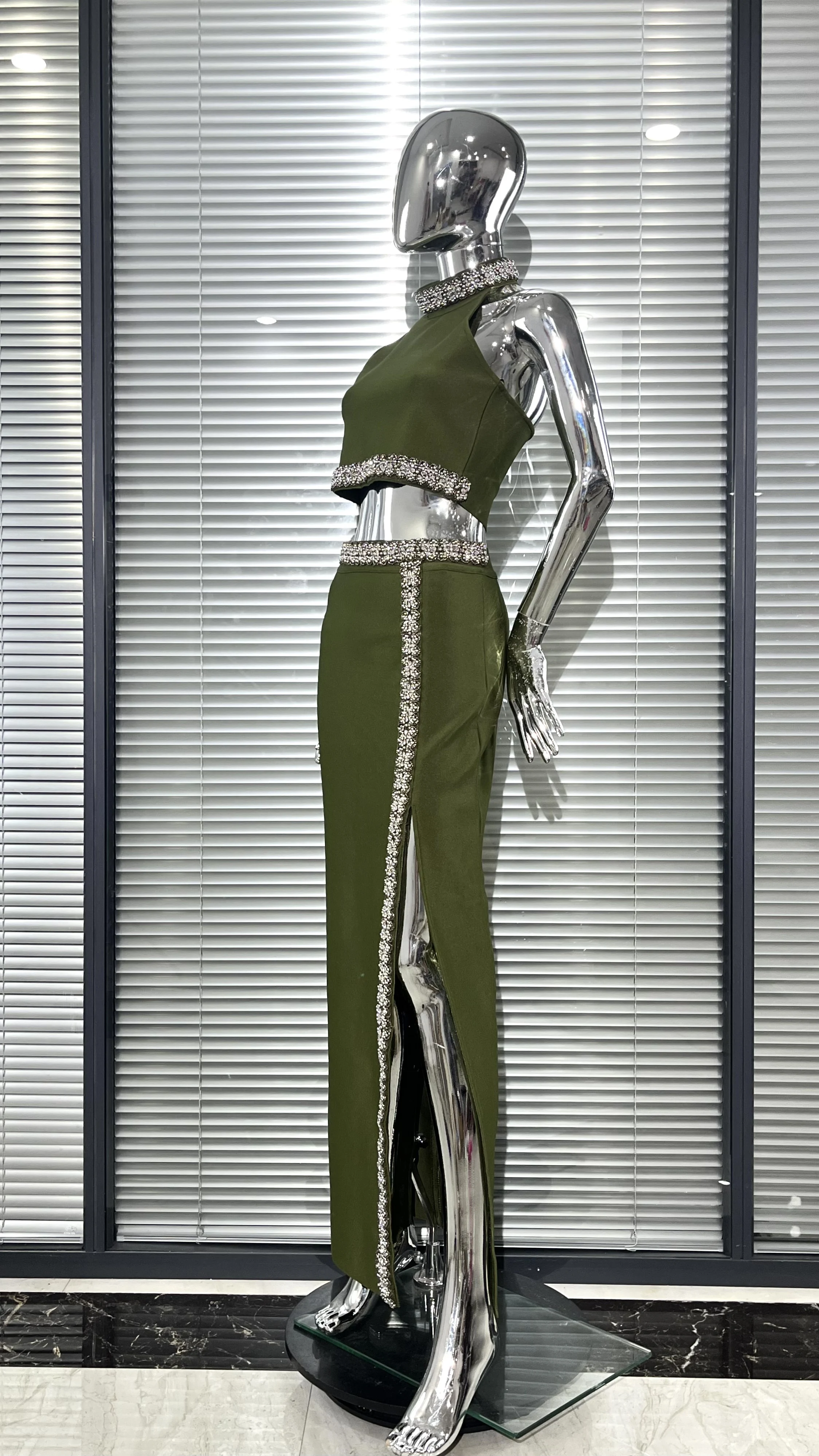 2025 elegante expor wasit mulher conjunto diamantes brilhantes regata curta e fenda saia longa 2 peças vestido de festa à noite