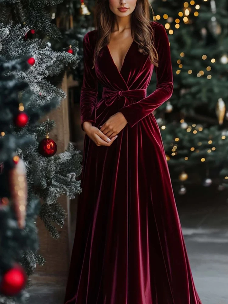 Nuevo vestido Sexy de fiesta de manga larga con cuello en V, vestido largo elegante plisado con cordones para oficina, vestido de mujer de cintura alta de terciopelo para primavera y otoño