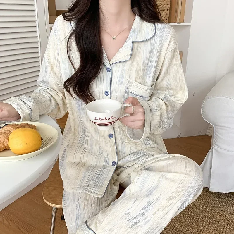 ストライプミニマリストパジャマ女性プラスサイズ長袖ズボンレディースナイトウェア妊婦服セットファッションパジャマ