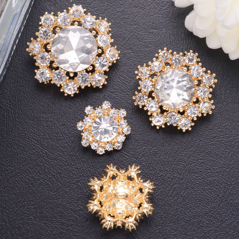 4pcs Gold/Black Metal Plating Hollow Out Rhinestone Flower-Shape Sewing Buttons For Clothing Decorative DIY Jewelry Accessories