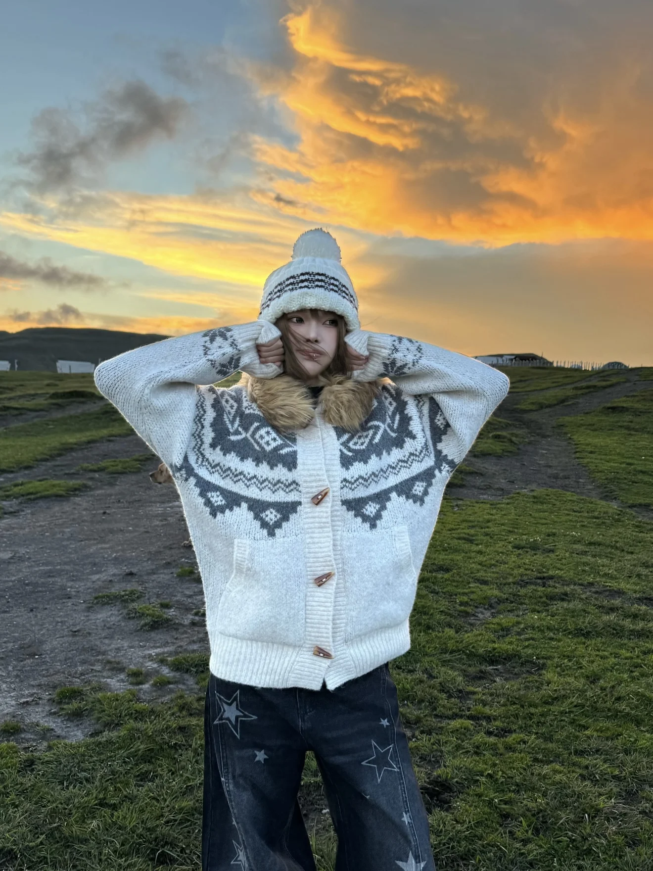 سترة صوفية محبوكة من Thiened مع زر فضفاض مناسب للرجال والنساء معطف شتوي كاجوال دافئ بياقة للزوجين