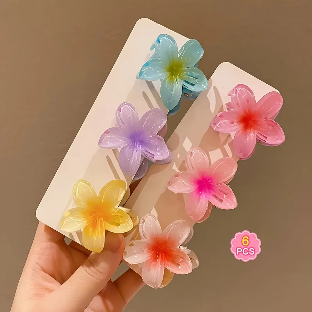 6 Stück Haarspangen mit Farbverlauf-Blumenmuster, aus Polyestergewebe, in verschiedenen Farben, mit Popkultur-Motiv, im modischen Design. – Detail 5