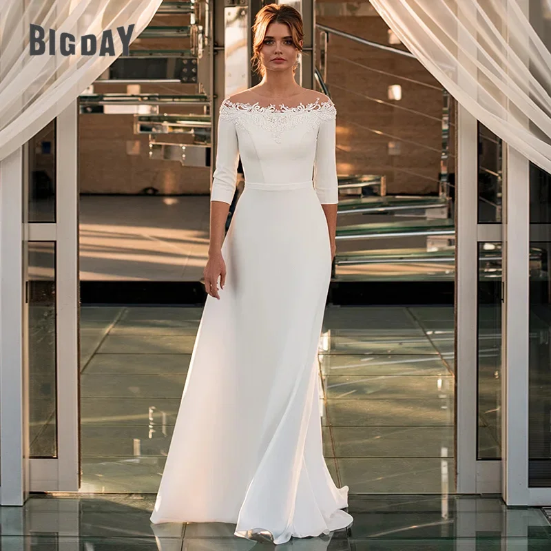 Elegante abito da sposa a-line donna 3/4 manica lunga in pizzo con cerniera sul retro scollo a barca Applique abito da sposa Sweep Train Vestidos De Noiva