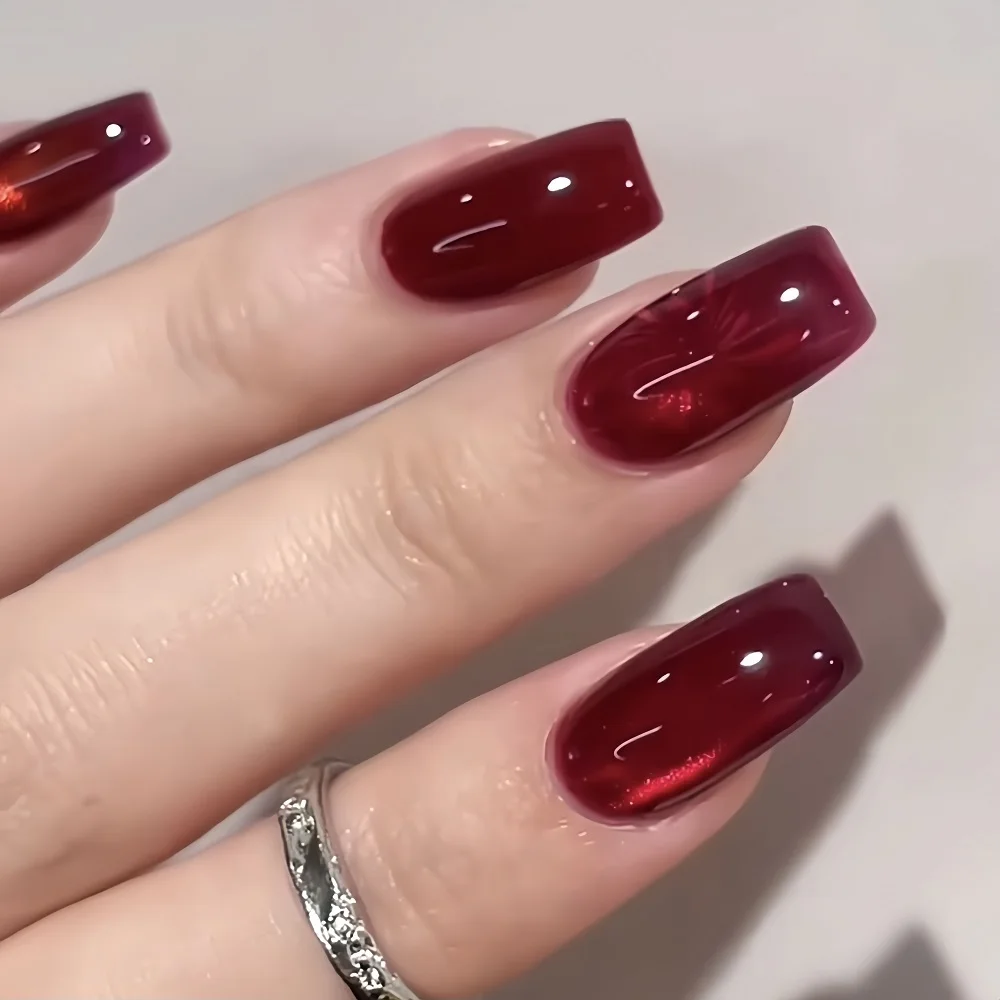 

10pcs Glossy Red Gradient Fake Nails Set Press On Nails Tips Solid Color Removable Artificial Nails Decoration Nail Art Set
