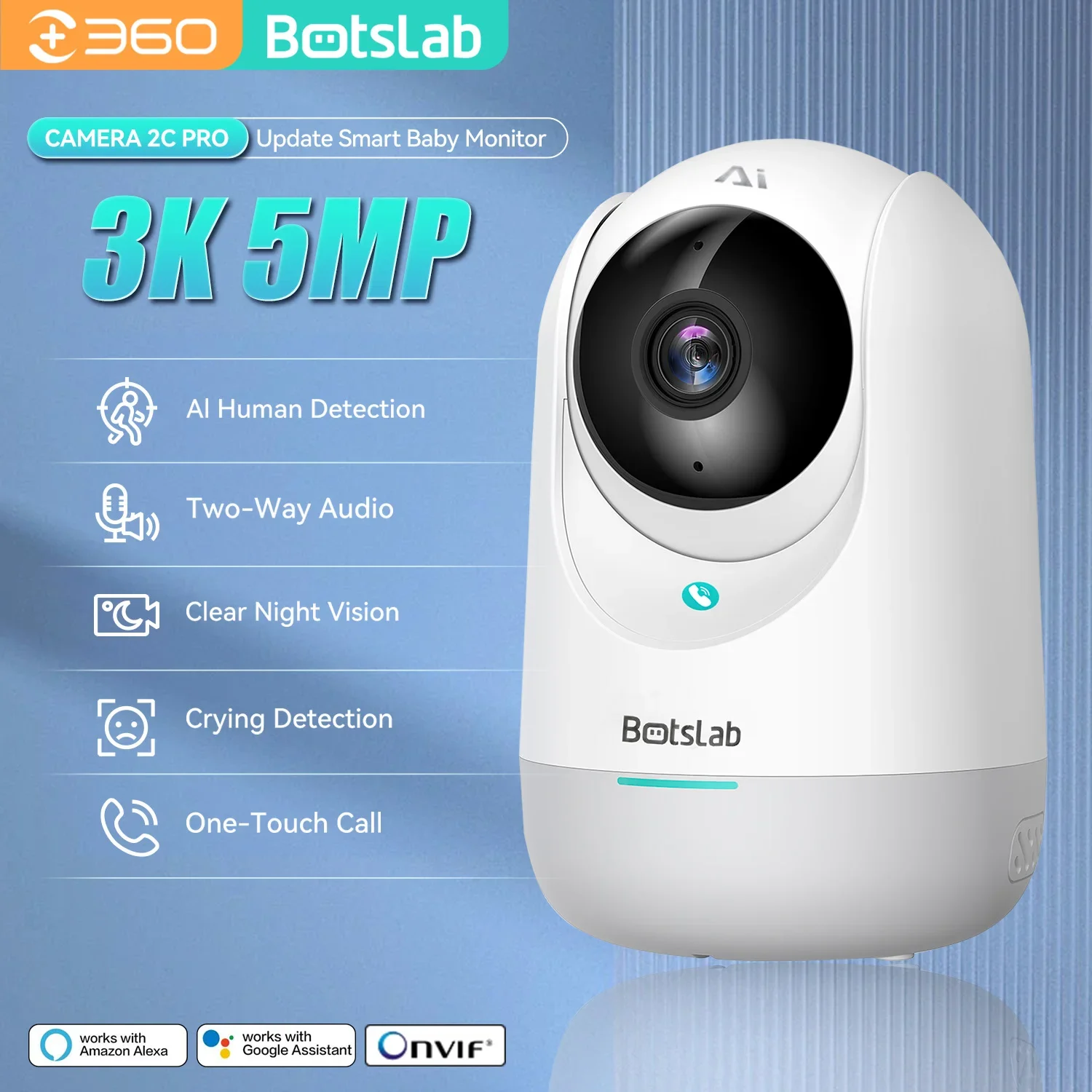 

Qihoo360 Botslab 3K 5MP Wifi Smart Security Cam AI Human Detection&Tracking Crying Detection Two-Way Talk Night Vision Baby Cam