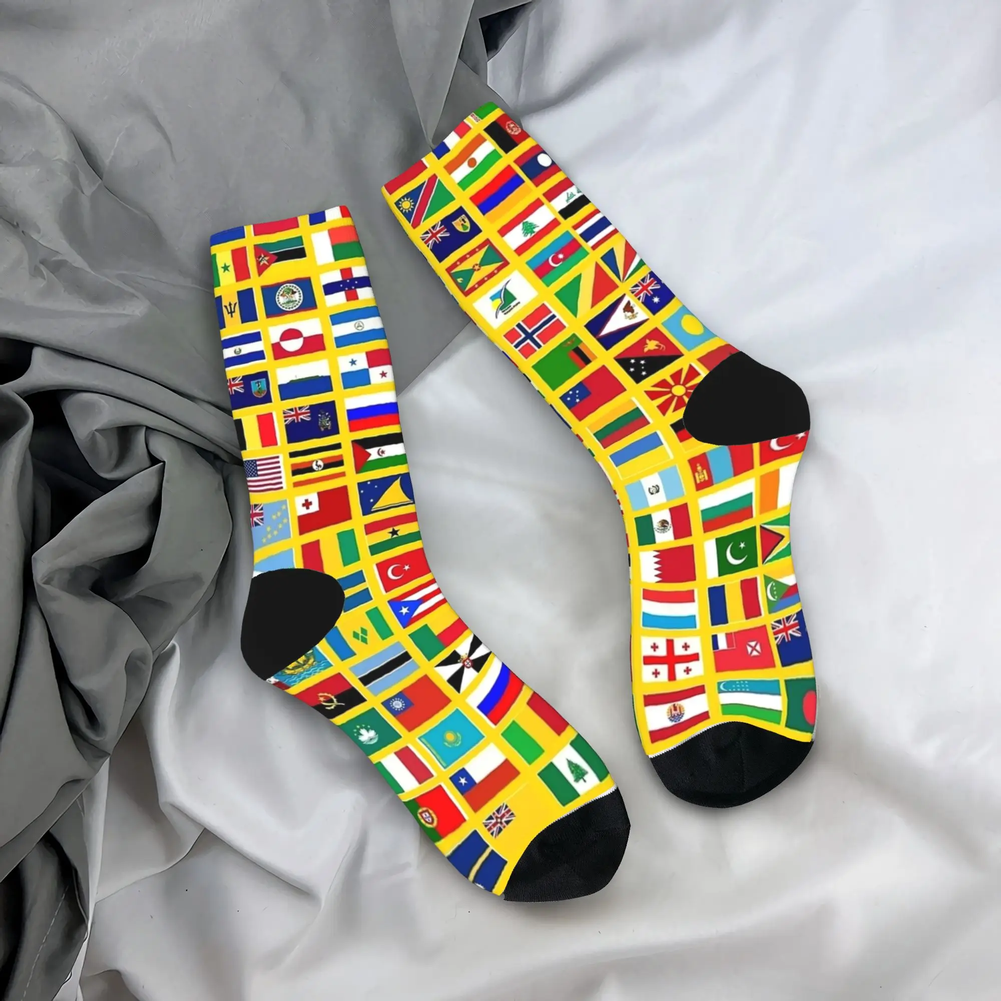 

Flags of the World All Countries Nations Yellow Socks Autumn Stockings Novelty Men Quality Socks Graphic Cycling Non Slip Socks