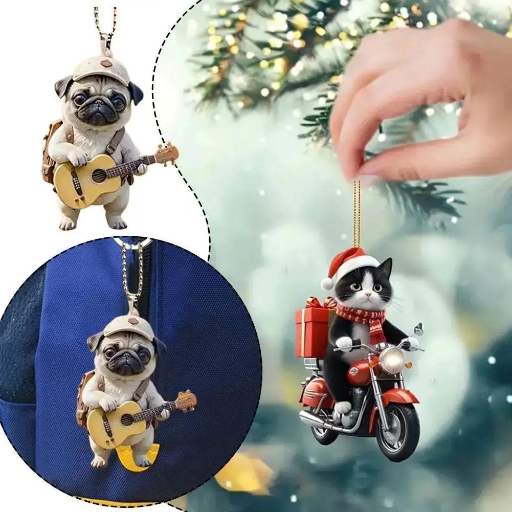 Puppy Hanging Decoration Cartoon Guitar Dog Acrylic Christmas Car Rearview Mirror 2D Animal Pendant Dog Hanging Ornament