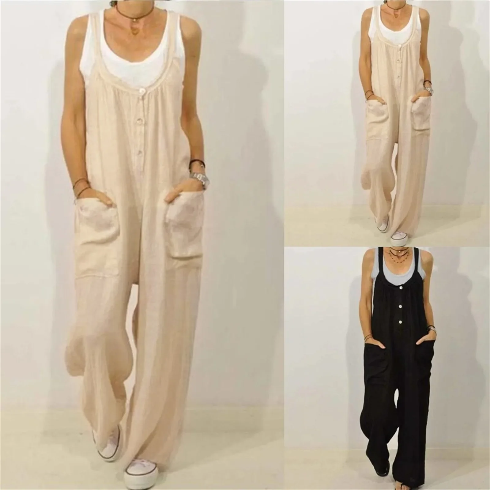 Women Casual Loose Cotton Linen Solid Pockets Jumpsuit Overalls Wide Leg Cropped Pants Jumpsuits for Women